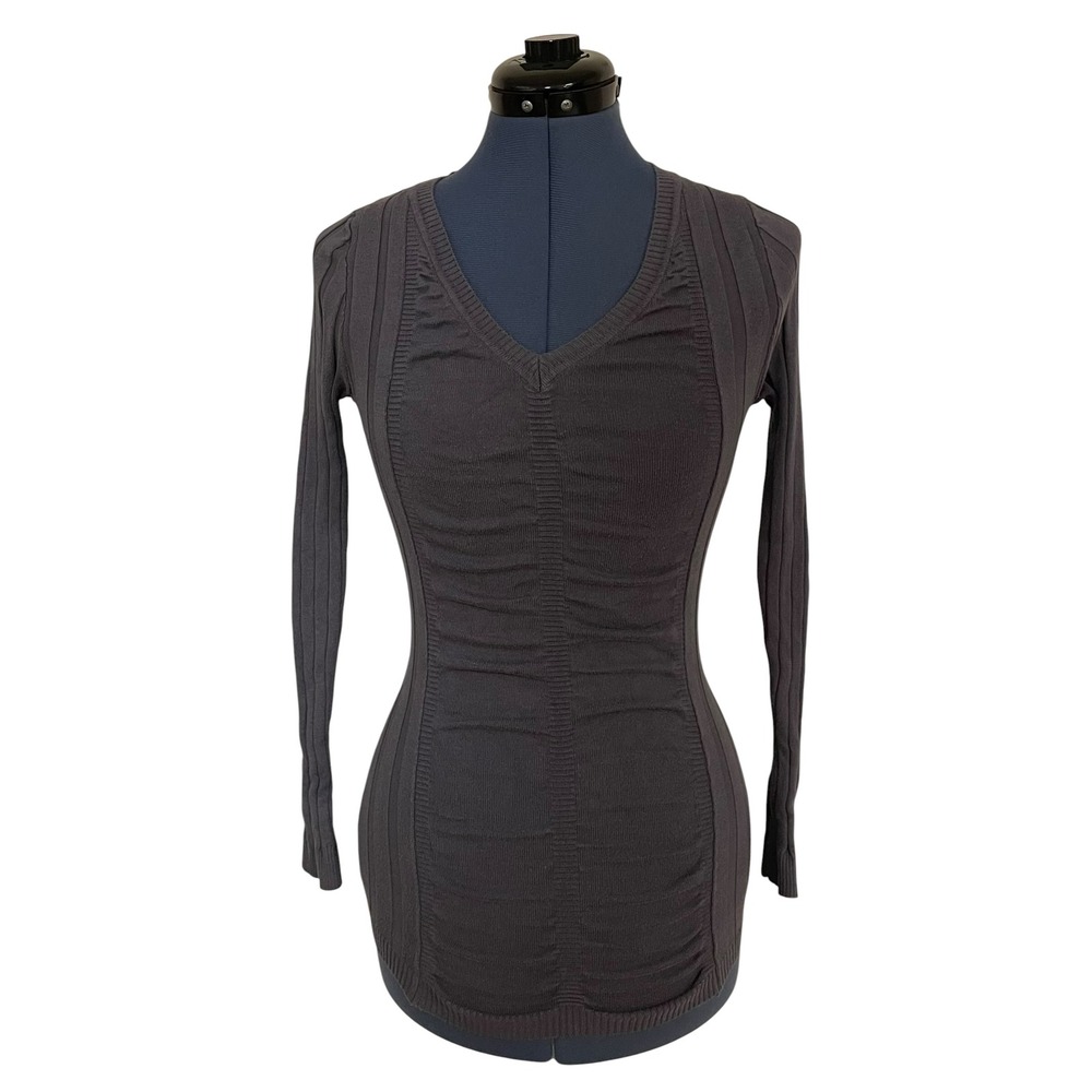 Say What Womens Gray Knit Ruched Ribbed V Neck Y2K Longsleeve Bodycon Top Long S